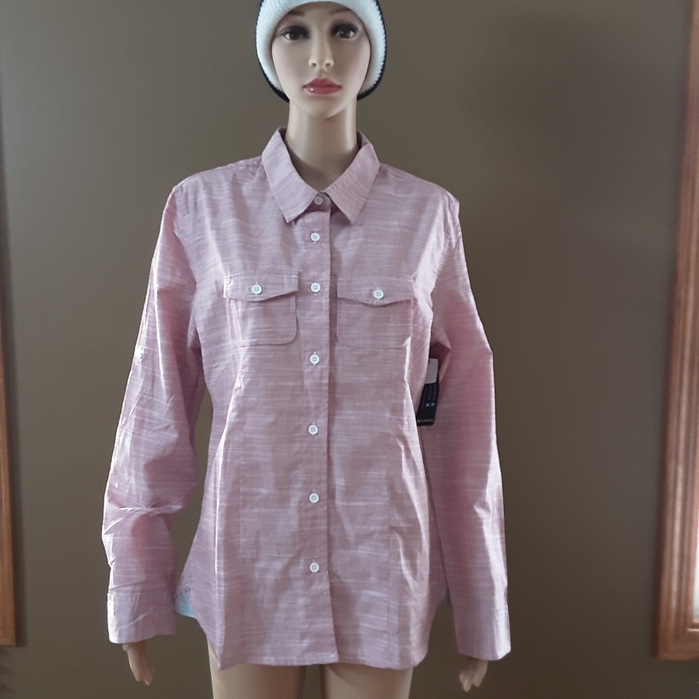 Burnside 5247 #255 Women's Shirt Sz L NWT Pink Long Sleeve Collared Two pocket